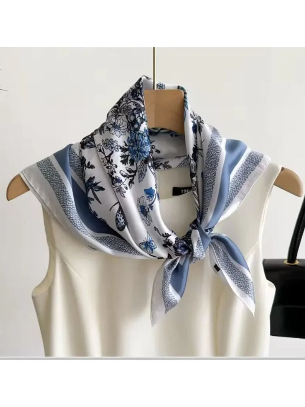 ✨Women's White & Blue Floral Silky Satin Square Scarf Butterfly Print Foulard